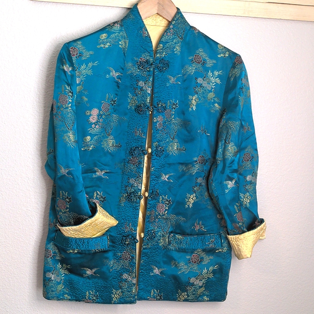 Teal Floral Embroidered Silk Kimono Jacket